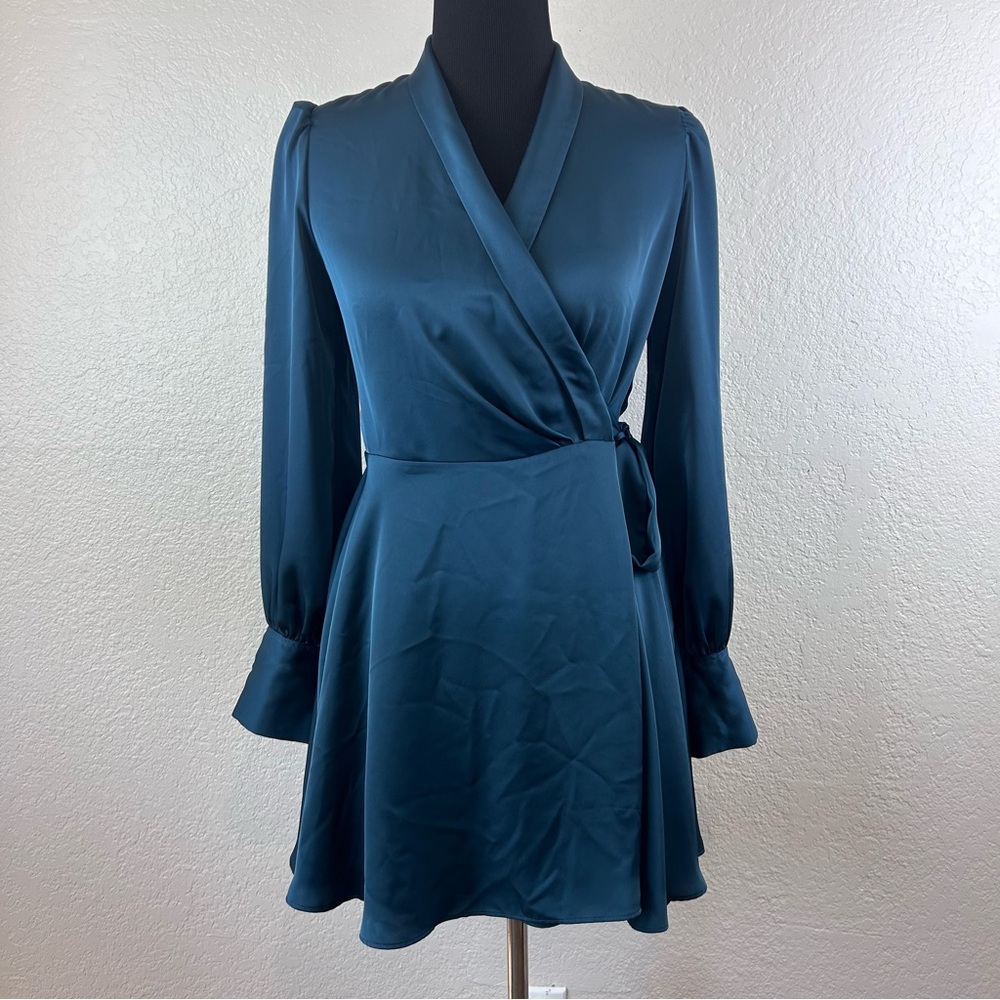 Babaton Aritzia Wrap Dress Women's XS Dark Teal Mini Light Flowy Long Sleeve